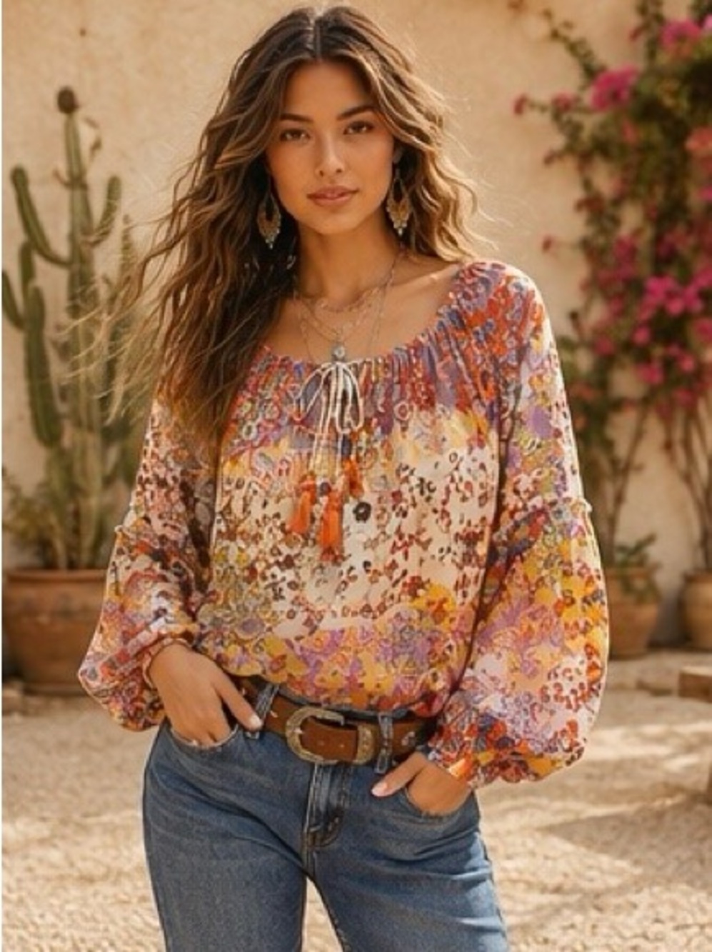 Grand & Greene Patchwork Boho Peasant Blouse Floral Paisley w/Tassel Tie | Large